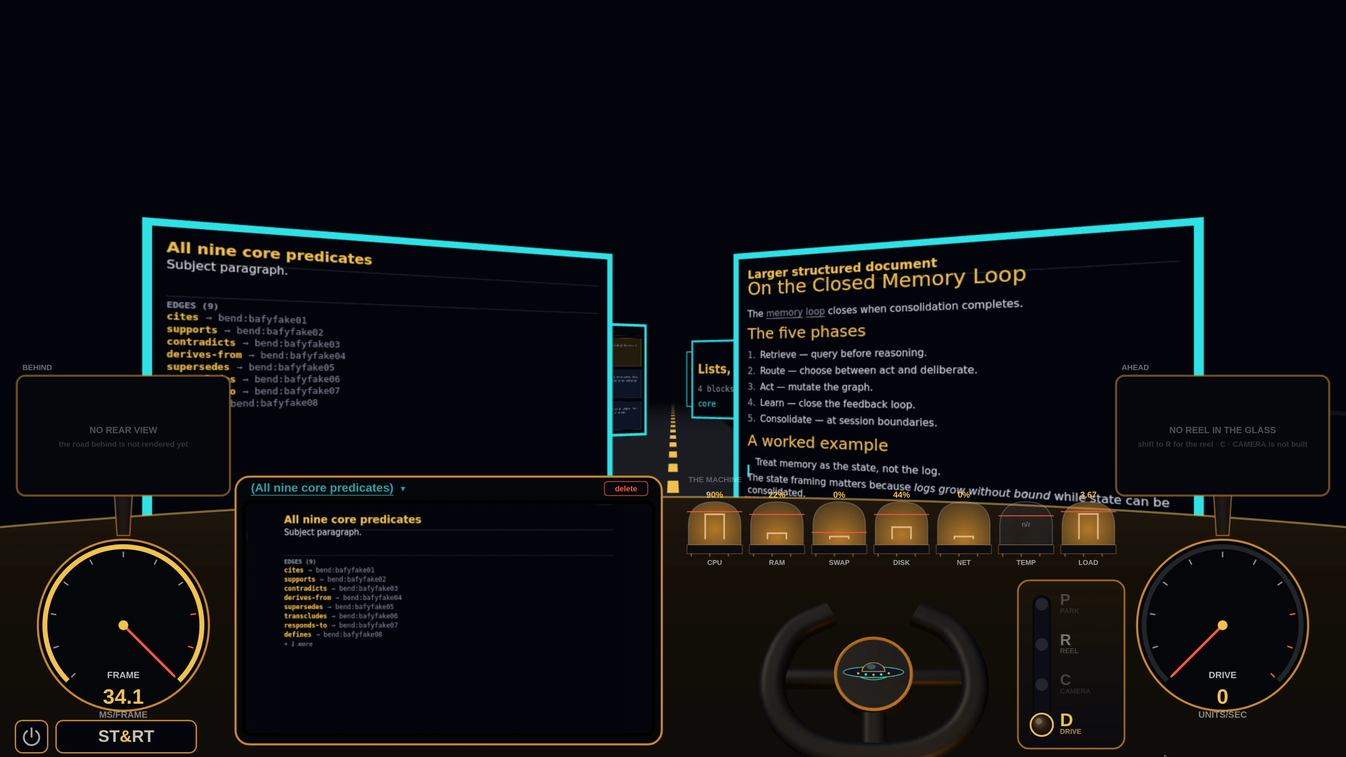 The Travel & RRABBIT shell at 5K: two BendScript documents standing as windows along a dark road — one titled All nine core predicates listing nine typed edges, one titled On the Closed Memory Loop listing five phases — with a third as a distant card. In front of the instrument panel the left document is also open flat at 1:1 in a reading pane with a delete button. Mirrors read NO REAR VIEW and NO REEL IN THE GLASS.