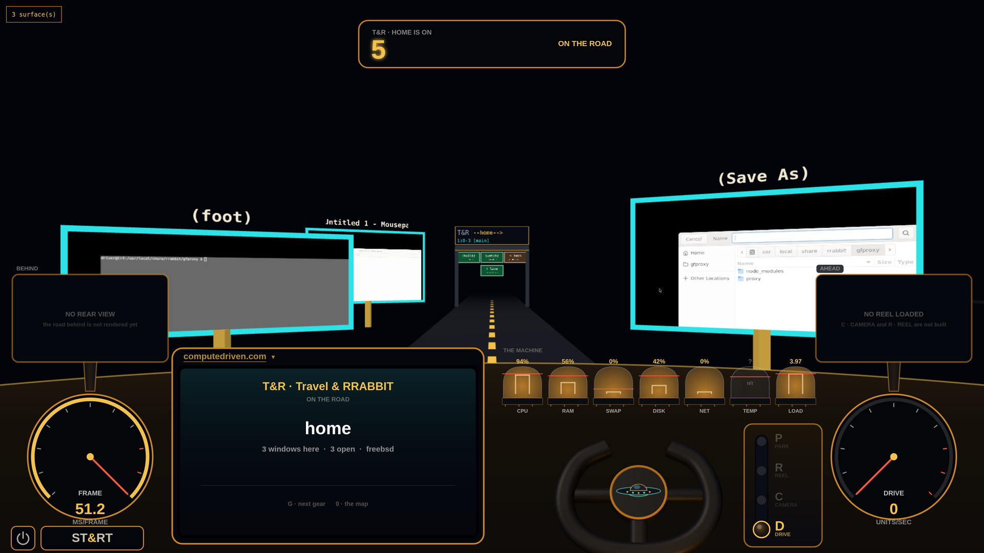 The Travel & RRABBIT shell at 4K: three of the operating system's own programs standing as windows along a dark road — a foot terminal, a Mousepad editor, and a Save As file chooser — above seven amber gauge tubes labelled CPU, RAM, SWAP, DISK, NET, TEMP and LOAD